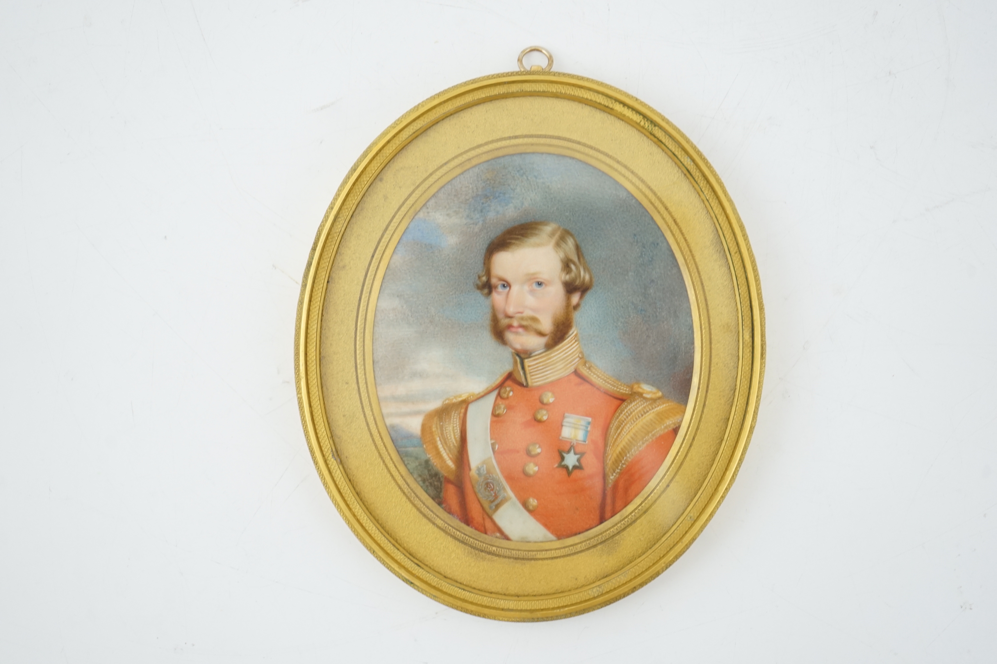 Mid 19th Century English School, Portrait miniature of an army officer of the 39th Regiment, watercolour on ivory, 10 x 8cm. CITES Submission reference WGUP3CSF